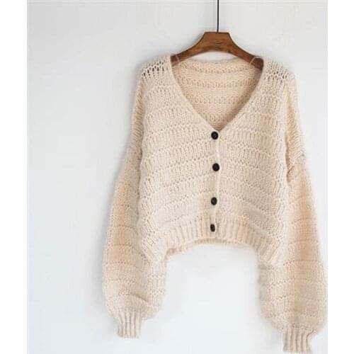2021 Spring and Autumn New Fashion Sweater Jacket Korean V-neck Lantern Sleeve Casual Loose Hollow Knit Cardigan Women