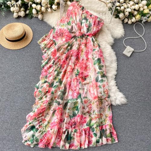 2021 Summer Holiday Party Boho Maxi Dress Womens Off Shoulder Chiffon Floral Print Ruffles Loose Elegant Sexy Long Dress Women