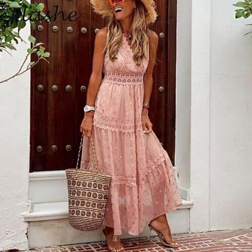 Spring Summer Party Dress Women V Neck Sleeveless Lace Print Sexy Bohemian Dresses For Women Elegant Beach Long Dress 2021