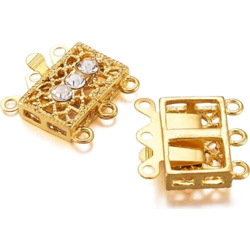 50Set Tone Brass Rhinestone Clasps Hook 3-Strand Rectangle Filigree Clasps for DIY Bracelet Necklace Jewelry Making Connector