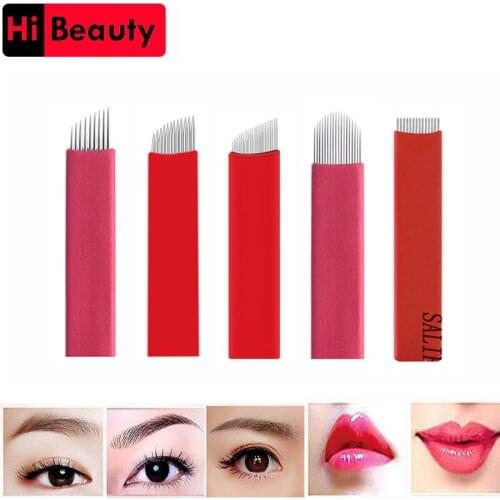 50PCS/lot Red 9 12 14 18 21 Pin Flat Slant Microblading Tattoo Needles Blade Cartridges For Permanent Eyebrow Makeup Manual Pen