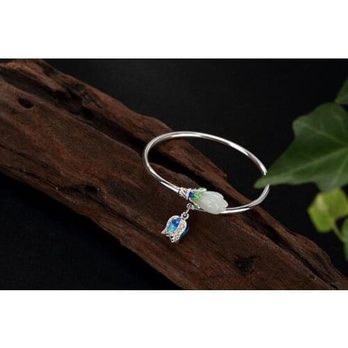 Bracelets & Bangles Authentic Silver 925 Jewelry Natural Jade Engraved Magnolia Flower Cloisonne Enamel Process Openning Type