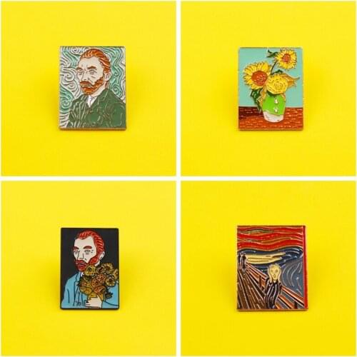 Van Gogh Oil Painting Decoration Rectangular Metal Pin For Clothes Gift Accessories Icon Pins Stripes Metal Brooch Clothes Lapel