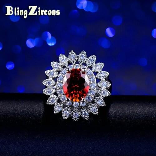 BeaQueen Famous Brand Sunflower Cubic Zirconia Large Finger Ring Inlay Red CZ Stone Women Rings for Pageant Accessories R013