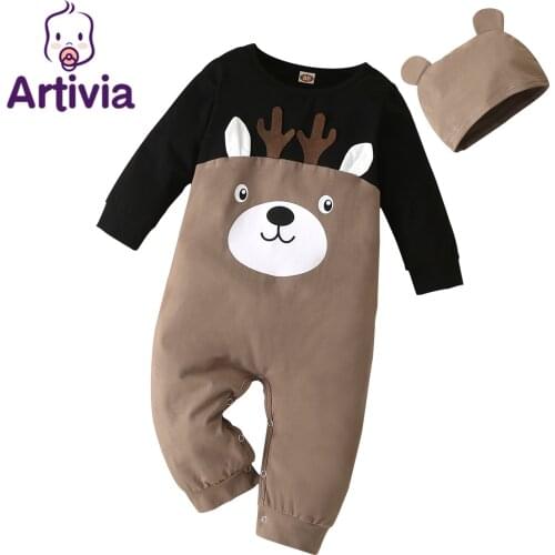 Newborn Baby Cartoon brown deer Print Clothes Romper Autumn Winter Newborn Infant Long Sleeve Jumpsuit+brown Blue Outfits 3-24M