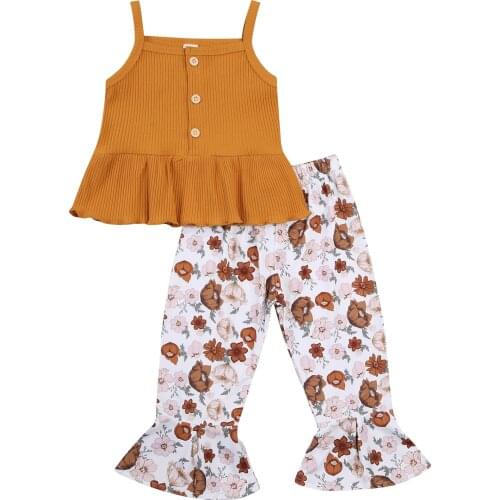 Fashion Kids Girls Clothes 2 piece Summer Outfit Knitted Sleeveless Ruffle Tops+Floral Flared Pants 1-6Years