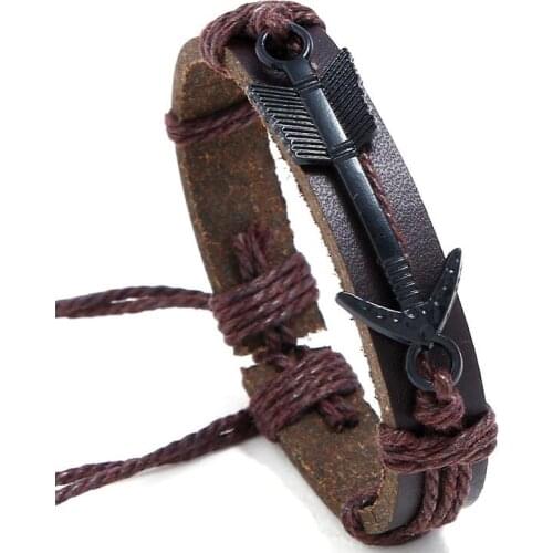 Fashion Vintage Casual Punk Genuine Leather Rope Bracelets Women Black Brown Alloy Arrow Bangle Wrap Wristbands Handmade Jewelry