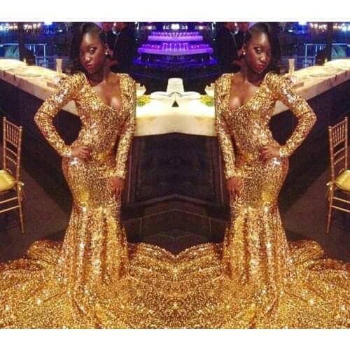 Gold Color Prom Dresses 2019 Sexy Mermaid Long Sleeves Pageant Holidays Graduation Wear Formal Evening Party Gowns Plus Size