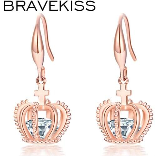 BRAVEKISS Crown Drop Earrings Rose Gold Cross Dangle Earrings for Women AAA+ Clear CZ Fashion Wedding Jewelry Girls BUE0466A