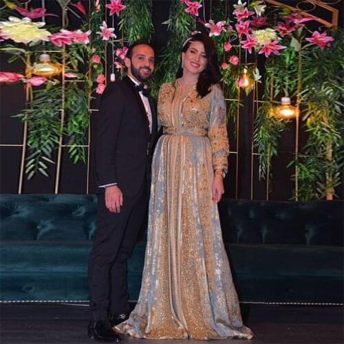 Silver Moroccan Caftan Evening Dresses Gold Applique Long Sleeve Formal Prom Dress robe de soiree Custom Special Occasion Dress