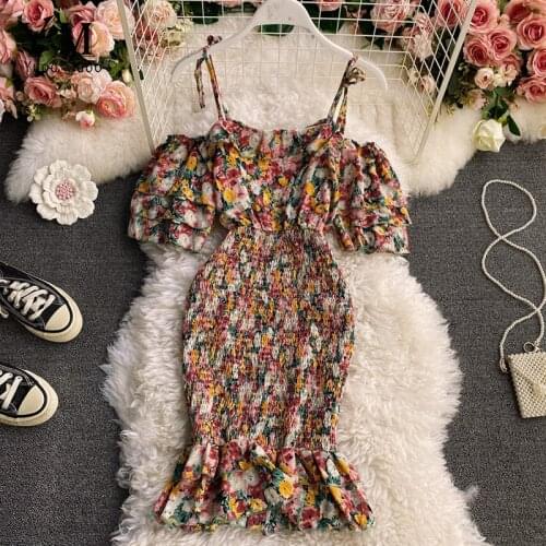 YuooMuoo Ins Fashion Sexy Package Hips Bodycon Dress Women 2021 Summer High Waist Ruffled Party Floral Print Chiffon Dress