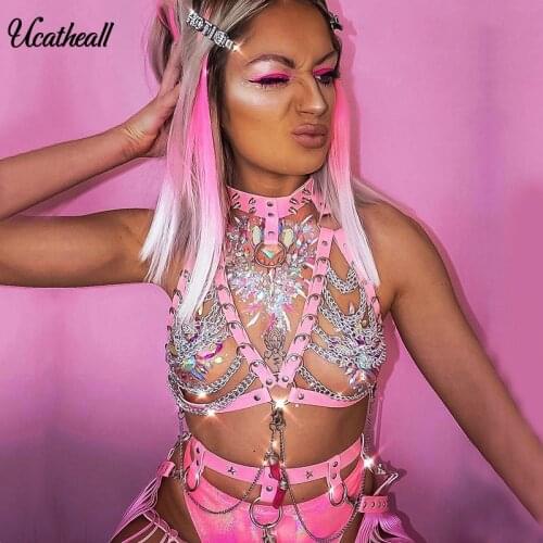 Rivets Round Neck Fashion Backless PU Tank Tops Women 2020 New Arrival Hollow Out Metal Chain Nightclub Party Short Crop Top