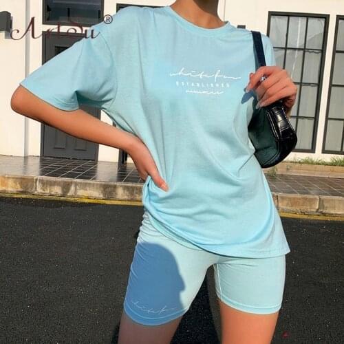 ArtSu Letter Print Casual Women Short Sleeve Loose T Shirt Top And Biker Shorts Suit Summer 2020 Leisure 2 Piece Sets Streetwear