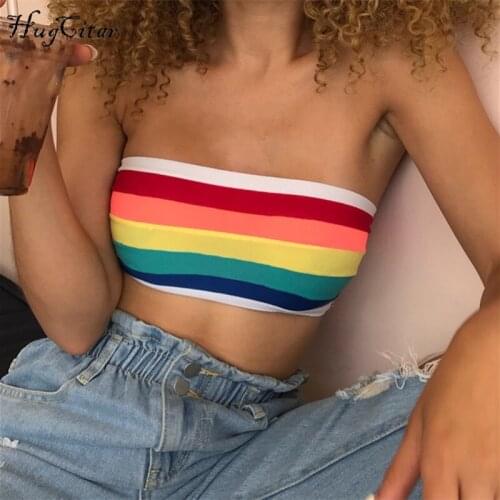 Hugcitar colorful rainbow stripe print crop tops Canale 2021 summer women fashion bodycon sexy fashion club party tank tops
