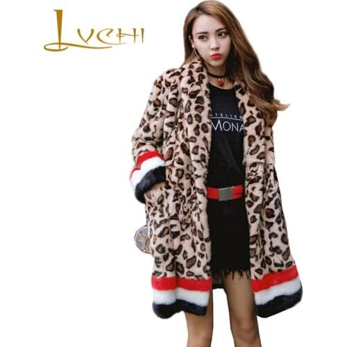 LVCHI 2019 Streetwear Fashion Women Midi Mink Fur Leopard Real Visone Luxury Turn Down Collar Coats Import Stylish American Mink