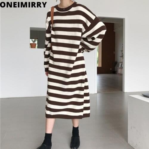 Korean Striped Woman Dress Fashion Lantern Sleeve O-Neck Knitting Dresses Casual Loose Thicken Pullover Sweater Robe Clothing