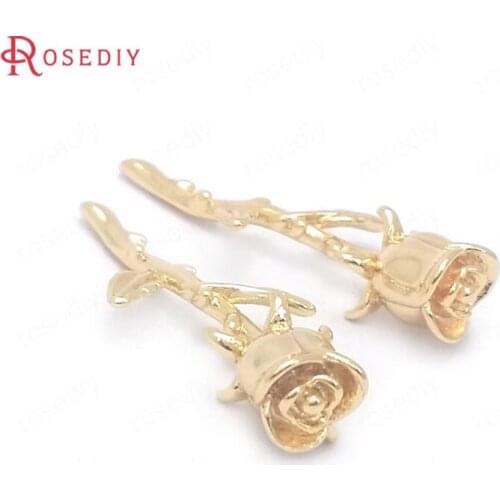 39072)4PCS 25.5x10MM 24K Gold Color Brass Rose Flower Charms Pendants Jewelry Making Supplies Diy Findings Accessories