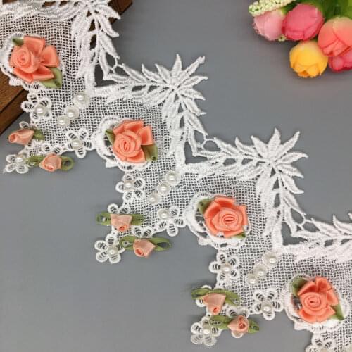 1 yard Latest Pearl Rose Flower Net Embroidered Lace Trim Nigerian Fabric Ribbon Wedding Dress Garment Handmade DIY Sewing Craft