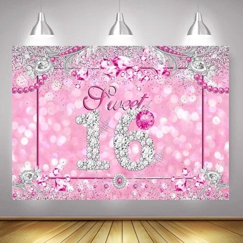 Sweet 16th Birthday Party Decoration Backdrop for Photography Sixteen Ruby Sliver Diamond Background Pink Bokeh Backdrops