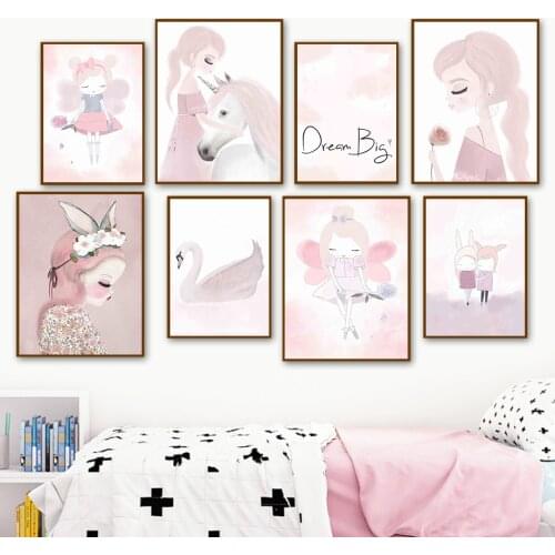 Swan Unicorn Rose Wings Girl Princess Wall Art Canvas Painting Nordic Posters And Prints Wall Pictures Kids Room Nursery Decor
