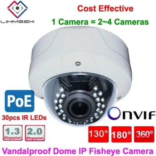 Lihmsek Vandalproof Metal Dome Camera IP CCTV 130 180 360 Degree Wide Angle Fisheye Security Camera HD 1080P Night Vision 30 IR