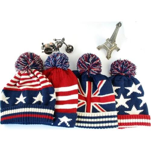 Men Winter Pom Poms ball Knitted Cap For Women Unisex Casual British and American national flag hats Skullies Beanie hat Gorros