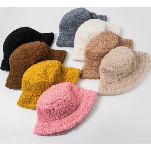 Lamb Wool Faux Fur Bucket Hat Thickened Warm Teddy Velvet Winter Hats For Women Lady Bob Panama Outdoor Plush Fisherman Hat