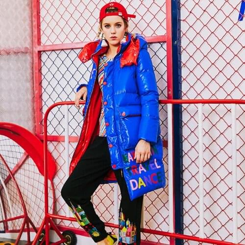 Female Winter New Blue Down Jacket Women Thick Warm Hooded Long Sleeve Outerwear Fashion Letter Print Casual Loose Parka Z407