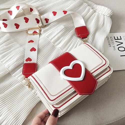 Crossbody Bags for Women Heart Pattern Shoulder Bag Vintage Wide Shoulder Strap Flap Messenger Bag Ladies Panelled Handbags Sac