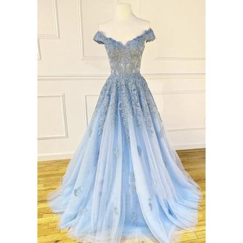 Light Blue Off Shoulder Prom Dresses 2021 Lace Appliques Formal Evening Party Dress Celebrity Gown robe de soiree