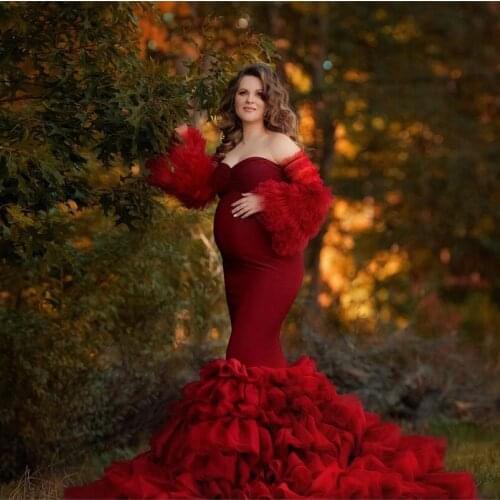 Gorgeous Red Mermaid Long Maternity Dresses Photography Full Sleeves Ruffles Tulle Bottom Modest Pageant Gown Women Dresses