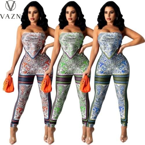 VAZN 2021 Top Quality Sexy Strapless Sleeveless Bandage Shinny High Waist Long Pant Skinny Women 2 Piece Set