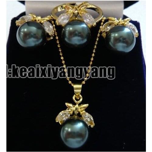 Yellow Gold plate Black Shell Pearl CZ Pendant Earring Ring AAA style Fine Noble real Natural
