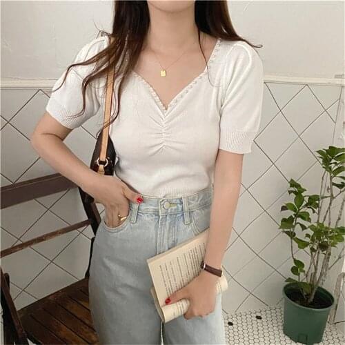 2021 Pearls Skinny V-Neck Women Tops Folds Half Sleeves Chic Gentle Lady Summer Stylish Knitwear Pullover Sweaters