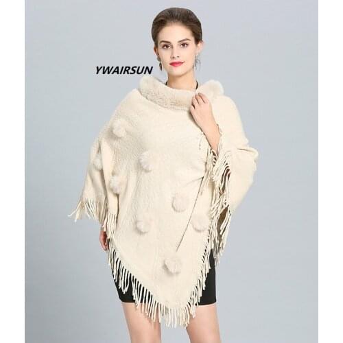 YWAIRSUN Fox fur collar round neck pullover female scarf poncho hair ball tassel coat eight-color knit shawl cute pashmina