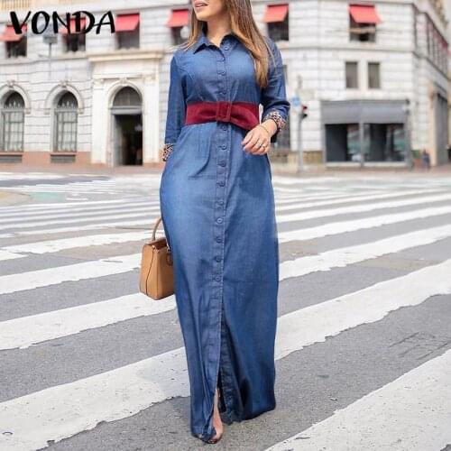 Womens Fashion Denim Dress 2021 VONDA Long Sleeve Holiday Party Maxi Dresses Lapel Button Down Leopard Patchwork Shirt Vestidos