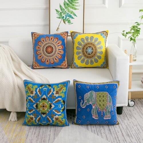 Velvet Cushion Colored Flowers Elephant Geometric Circle Square Embroidery Pillow Cover 45x45cm Home Decor