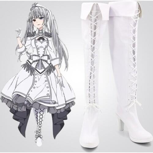 Anime Date A Live Cosplay Shoes Nightmare Tokisaki Kurumi Cos Women Knee High Heels Lace Up Big Size White Lolita Boots