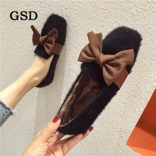 Brand women shoes Faux Fur Women Winter Flats Slip On Bow Black Outside warm Shoes for women Moccasins zapatos de mujer