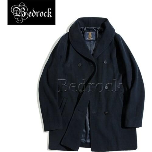 Mid-length double-breasted navy woolen padded coat with green fruit collar and wool coat for men