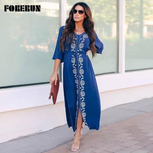 FORERUN Beach Dress Kaftan Embroidery Long Maxi Cover Up Saida De Praia Plus Size Dresses Casual Beachwear Vestido De Playa