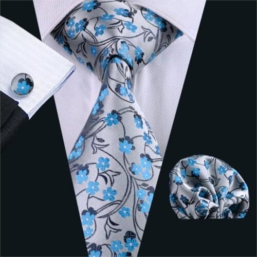 Tie Hanky Cufflinks Set Mens Business Gift Ties Tie Floral Silver Grays Floral 100% Silk FA-999 Barry.wang Men Fashion Neck Tie