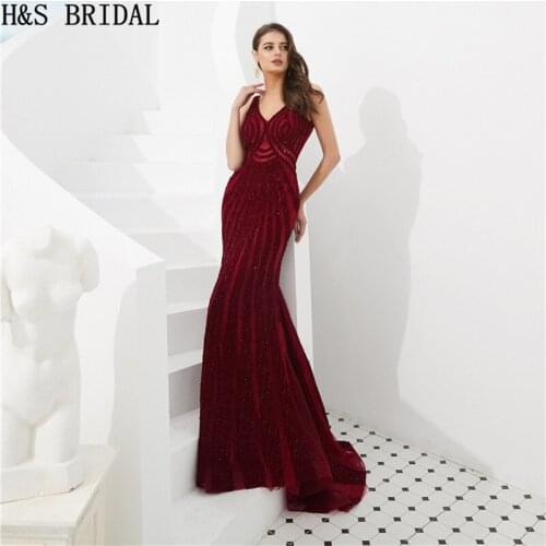 H&S Bridal Evening Dresses Burgundy Lace Long Women Formal Dress Arabic Luxury Sparkle Gown Robe De Soiree
