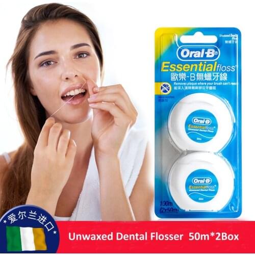 Oral B Essential Dental Floss Smooth Flat Thread Dental Irrigator Comfortable Holder Unwaxed Dental Tooth Flosser 50M / 2 Box