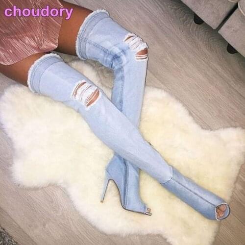 Nice-looking blue jeans cut-outs women long boots peep toe over-the-knee zipper boots thigh high patchwork sexy nightclub shoes
