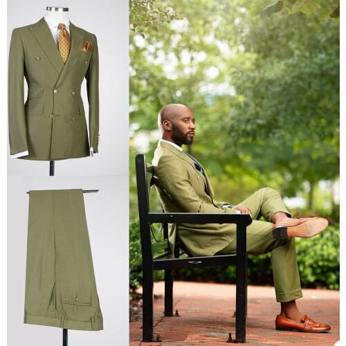 2021 Summer 2 Pieces Mens Suit Green (Jacket+Pant) Custom Made Formal Wedding Suits Fit Slim Double Breasted Party Suit