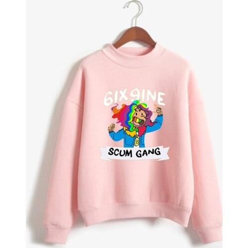 New Fashion Tekashi69 6ix9ine Pink Hoodie Men Long Sleeve Turtleneck Sweatshirt K-POP Hip Hop Pullover Jumper Harajuku Tracksuit