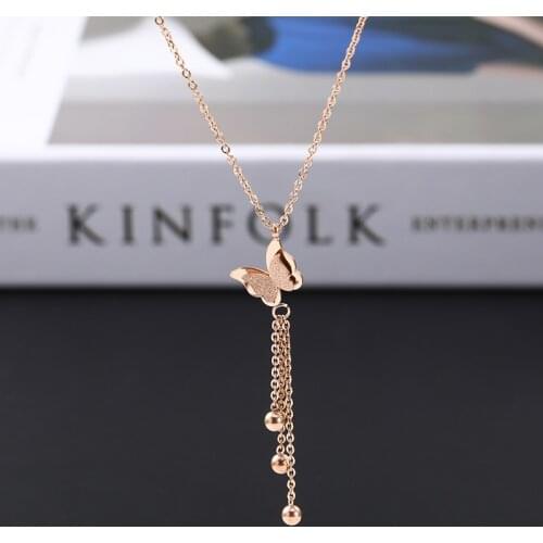 2021 New Fashion Cute Butterfly Stainless Steel Necklace For Women Pretty Girl Beads Necklace Pendant Titanium Steel Jewelry