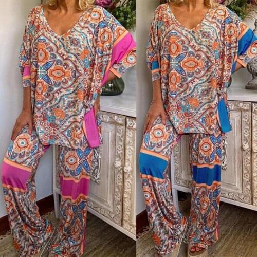 2021New Loose Women Suit Half Sleeve V-neck Print Top Straight Pants Suit for Daily Life Skin-Friendly And Comfortable Plus Size