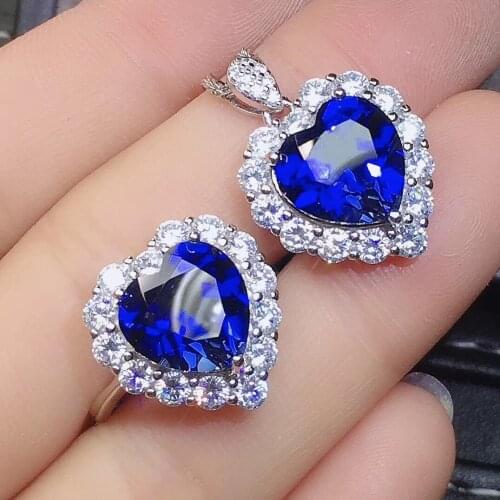 925 Silver New Luxury Jewelry Set Heart-shaped Simulation Sapphire Pendant Necklace Inlaid Zircon Love Adjustable Ring For Women